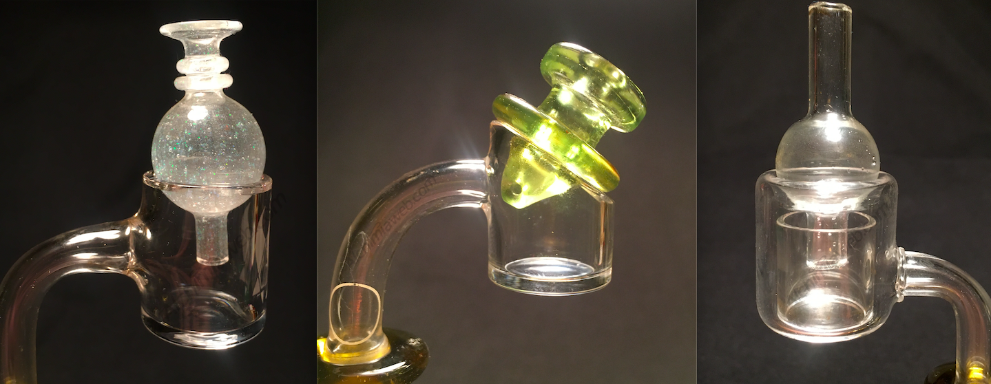 Various quartz bangers: (l-r) Flat-top with bubble cap; Slanted top with directional cap; Thermal banger with quartz bubble cap